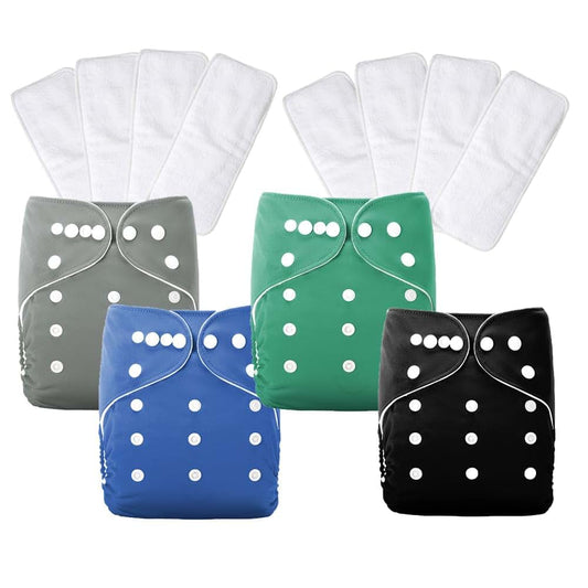 AIO Reusable Baby Cloth Diapers 4 Pack with 8 Microfiber Inserts, Adjustable Pocket Diapers Waterproof TPU Cover for