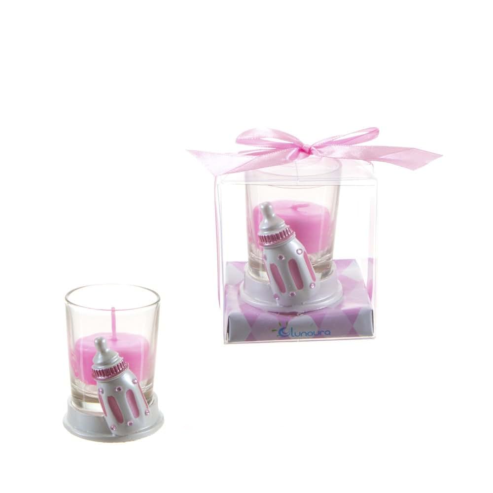 Lunaura Baby Keepsake - Set of 12 Girl Baby Bottle Glass Votive Candle Set Favors - Pink
