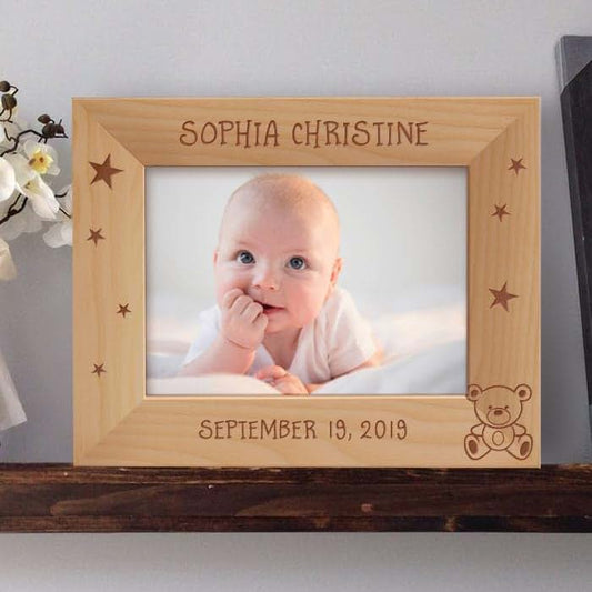 Center Gifts Baby's Name and Birthdate Personalized Wooden Picture Frame-7" x 5" Brown Horizontal