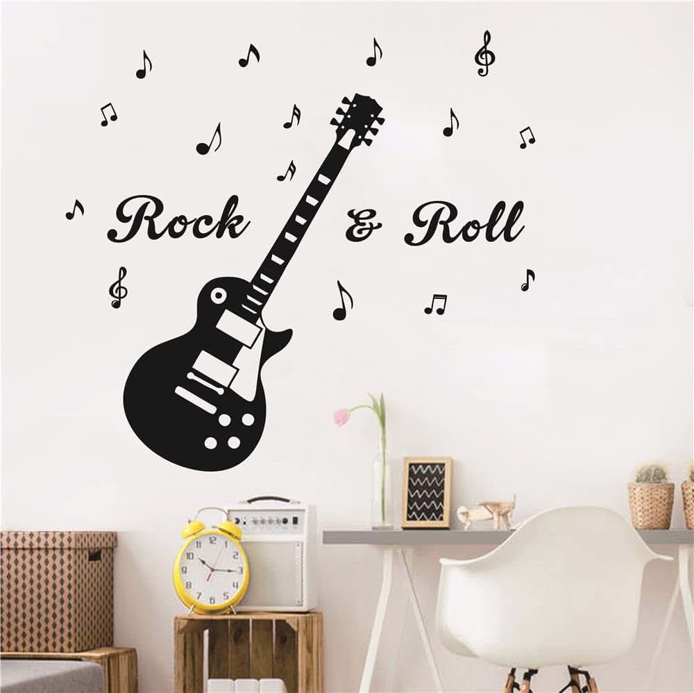 UILMNIY Music Guitar Rock and Roll Wall Decal for Kids Room and Bedroom, Vinyl Removable Black 110x119cm