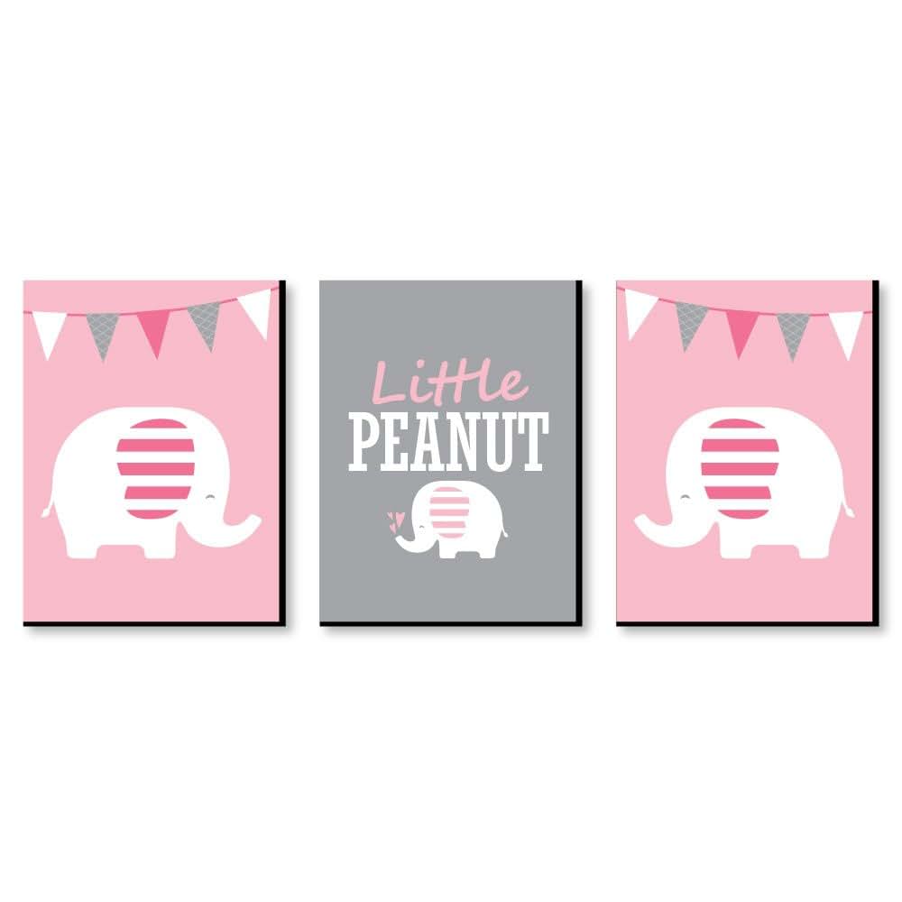 Big Dot of Happiness Pink Elephant Nursery Wall Art, 3-Piece Set