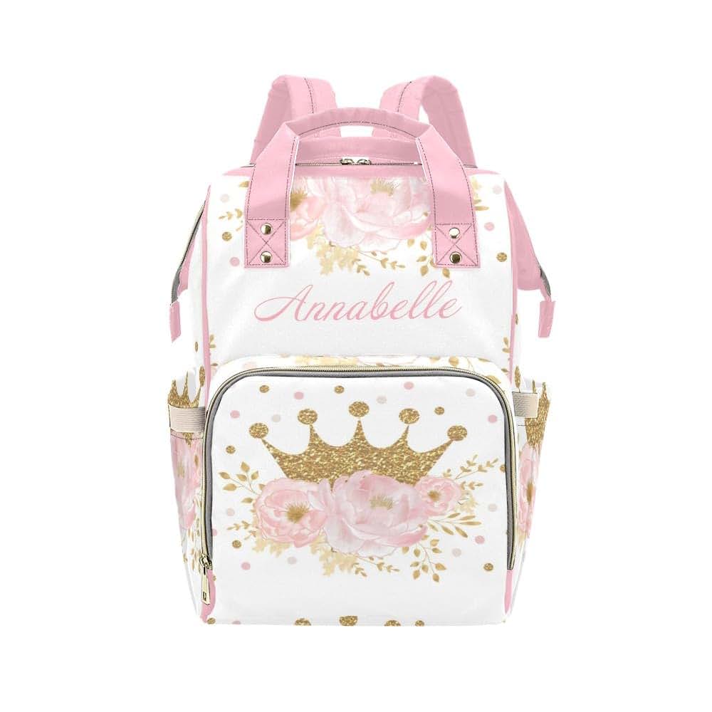 Nzoohy Pink Floral Gold Crown Princess Personalized Diaper Bag Backpack