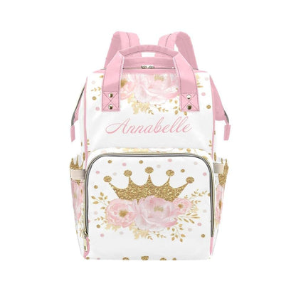 Nzoohy Pink Floral Gold Crown Princess Personalized Diaper Bag Backpack