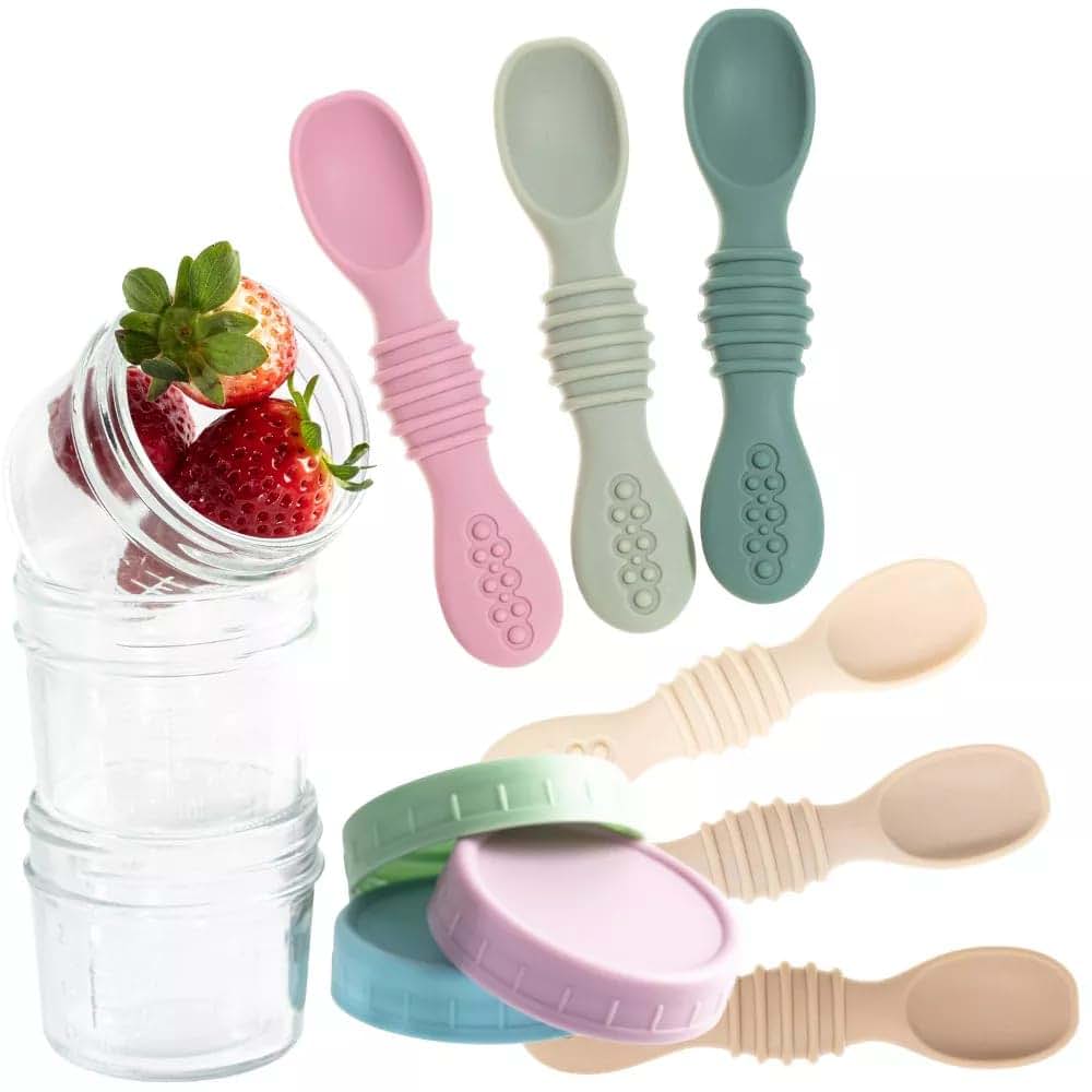 Baby One Stop Glass Food Storage Jars and Silicone Spoons Set