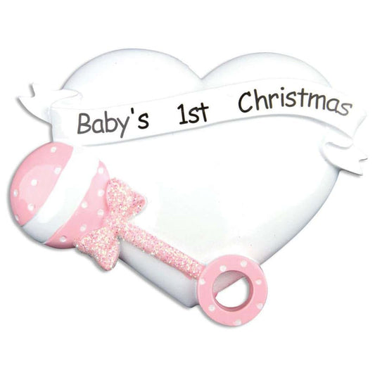 Snowfall Creations 2024 Baby's First Christmas Ornament - Pink Heart & Rattle for Girls, Blue Star & Rattle for Boys