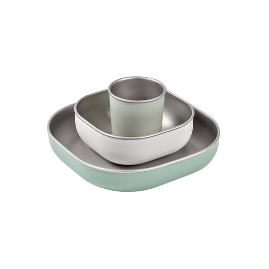 Béaba BEABA Stainless Steel Meal Set | Microwave and Oven Safe | Baby Plates Baby Bowls and Cup with Anti-Slip Silicone