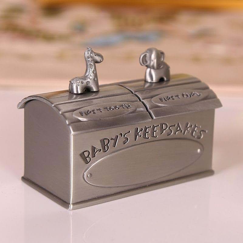 YUERBNC Vintage Silver Baby Keepsake Box With Giraffe And Elephant Figurines (photo 4)