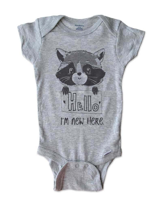 Hello Handmade - Hello I'm new here. baby Raccoon d2 - onesie birth announcement Shower gift (Grey, 12)