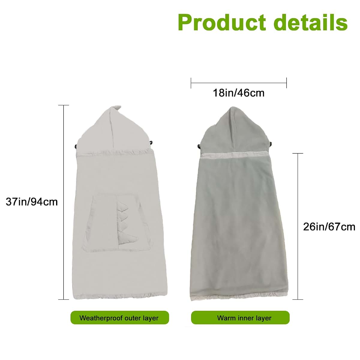 longdafei Baby Carrier Winter Cover with Adjustable Hood and Lined Pockets, Grey Dinosaur