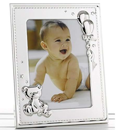 Shudehill Giftware New Baby Silver Photo Frame with Teddy and Balloons for 5" x 7" Photo - 51357
