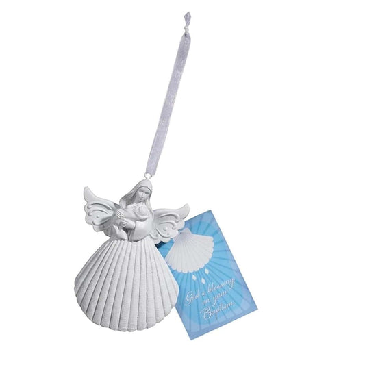 Autom Catholic Baptism Keepsake - Shell Angel Ornament with Ribbon Hanger and Blessing Card, 6-Count, White