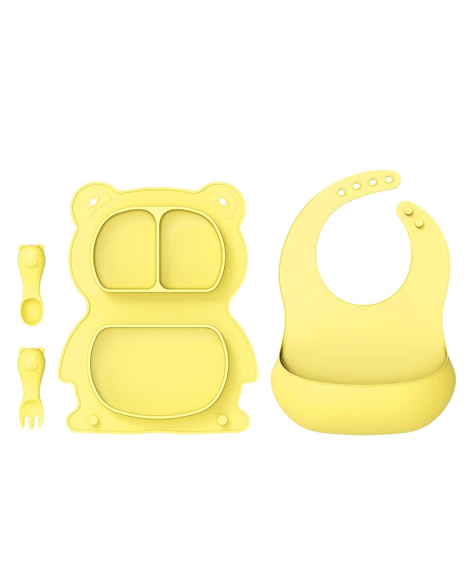 Cusvuevi Silicone Baby Feeding Set Foldable, Portable Baby Led Weaning Supplies With 1 Pack Divided Plate, Bib, Spoon