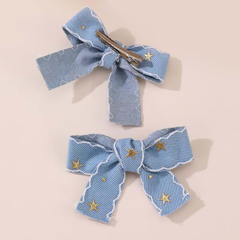 Boenbe Loved Blue Denim Bow Hair Clip Set with Lace Edges
