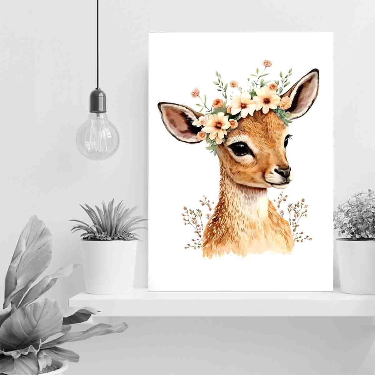 STRRAW Gazelle Flower Crown Cute Nursery Botanical Wall Art Print,Safari Nursery Decor-Baby Safari Nursery