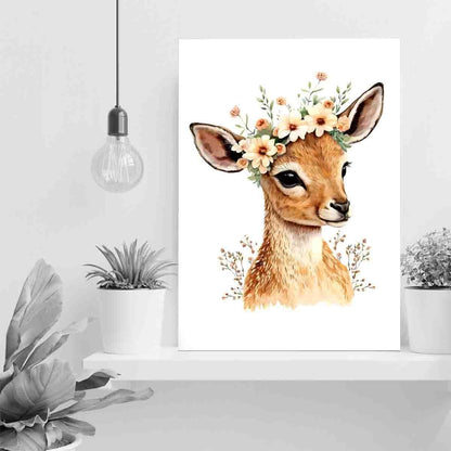 STRRAW Gazelle Flower Crown Cute Nursery Botanical Wall Art Print,Safari Nursery Decor-Baby Safari Nursery