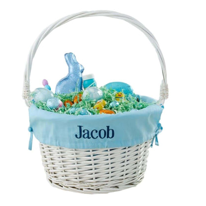 Personalization Universe Personalized Classic White Easter Basket – Embroidered Light Blue Basket Liner – Custom Kids