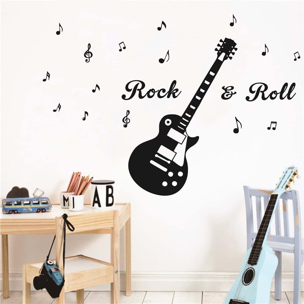 UILMNIY Music Guitar Rock and Roll Wall Decal for Kids Room and Bedroom, Vinyl Removable Black 110x119cm