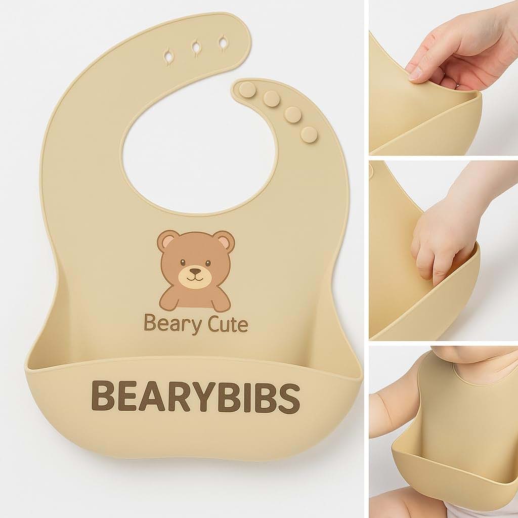 BearyBibs Premium Silicone Baby Bib With Food Catcher Pocket, Adjustable 6 To 36 Months
