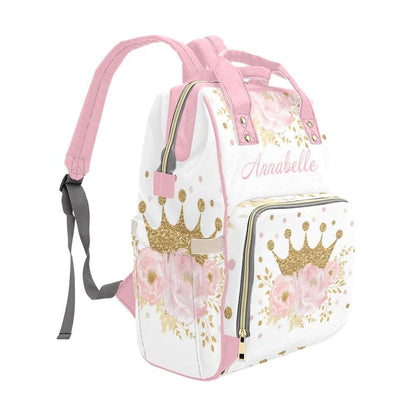 Nzoohy Pink Floral Gold Crown Princess Personalized Diaper Bag Backpack (photo 2)