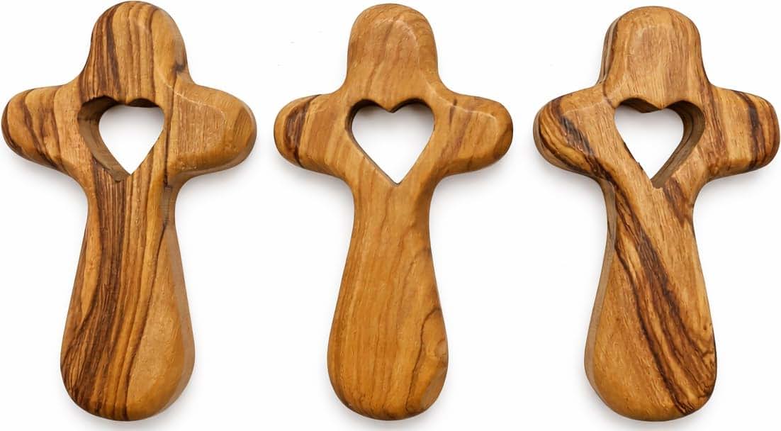 Zuluf Olive Wood Comfort Prayer Holding Piece Set With Heart Cutout, Set Of 3