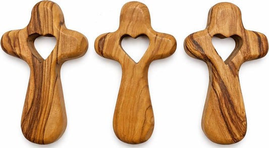 Zuluf Olive Wood Comfort Prayer Holding Piece Set With Heart Cutout, Set Of 3