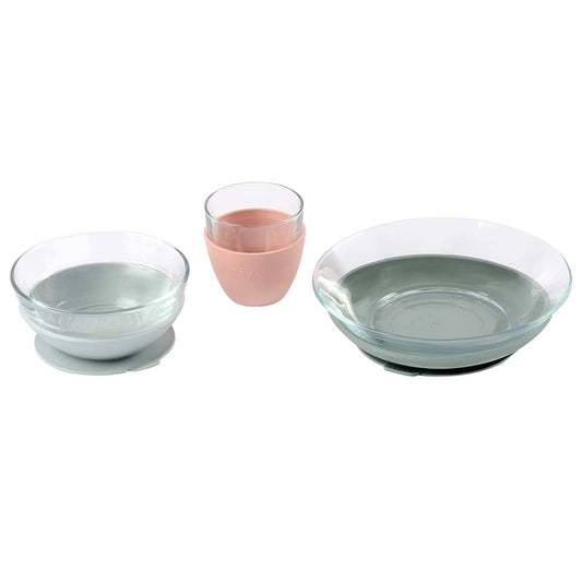 Béaba BEABA 3-Piece Glass Meal Set with Suction Pads, Toddler Plate and Baby Bowls with Suction, Non Slip Kids