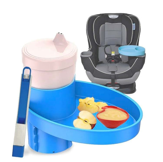 MommyMob Kids Travel Tray Kit - 360° Rotatable Cup Holder Tray for Car Seat, Stroller, Booster (Blue)