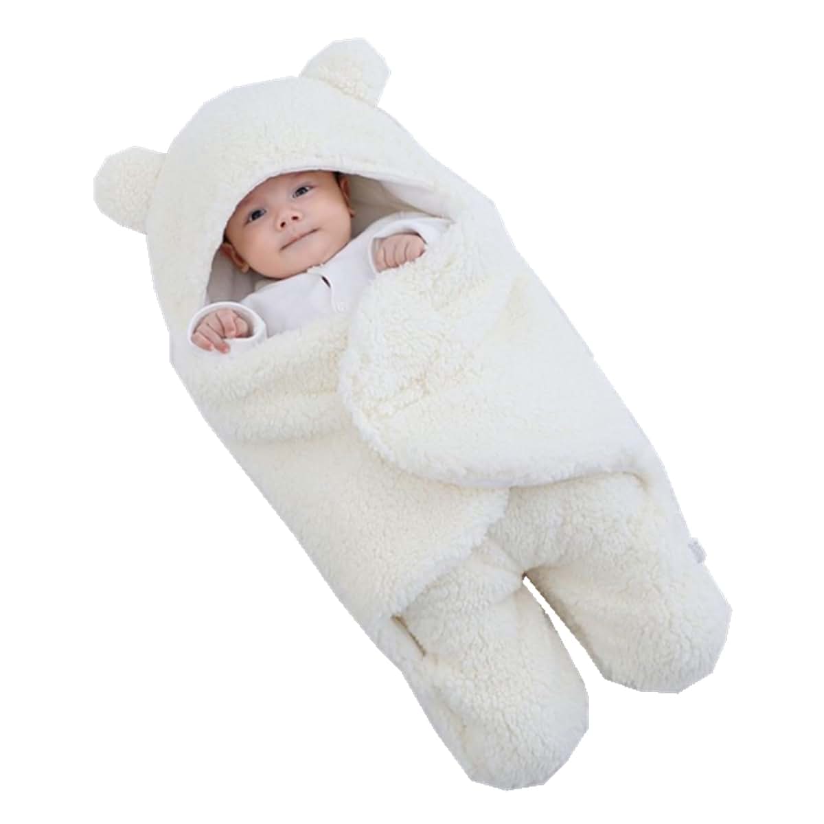 He&Yingmin Infants Baby Swaddle Blanket Bear Plush Receiving Blankets Soft Swaddles (White, 3-6 Months)