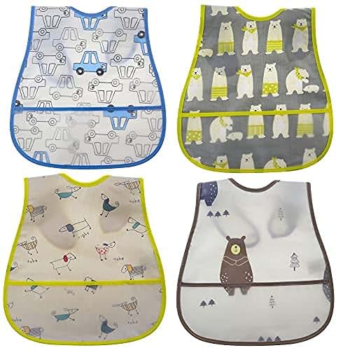 Babyhood Baby Bib Waterproof With Snaps for Infants and Toddlers - 4pcs Food Catcher Bibs (Car Puppy Bear)
