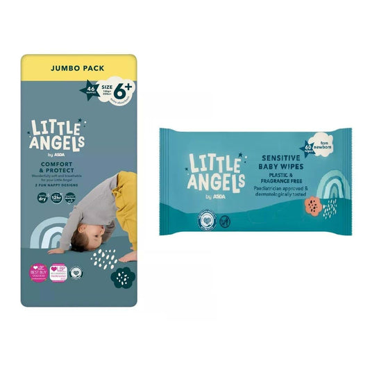 ASDA Little Angels Little Angels Size 6+ Nappies Jumbo 46 Pack + 60 Fragrance Free Baby Wipes