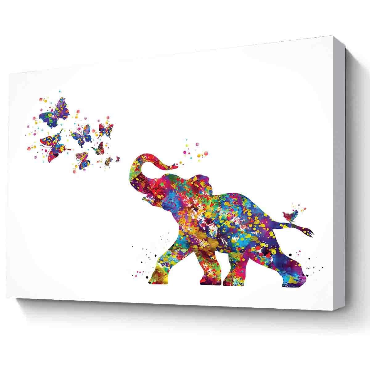 MBARE Folk Art Watercolor Baby Elephant And Butterflies Canvas Print