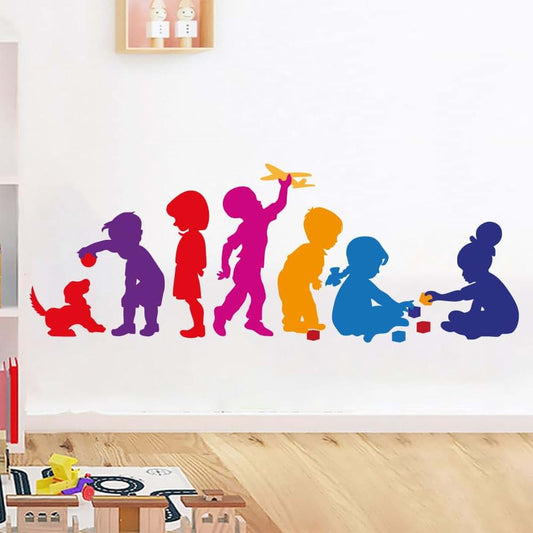 Home Art Children Playing Multicolored Silhouettes Vinyl Wall Sticker for Nursery Decor
