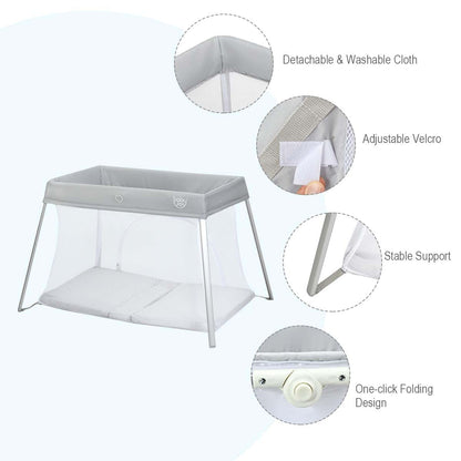 Baby Joy 2-in-1 Travel Crib with Side Zipper, Portable Playard with Washable Mattress