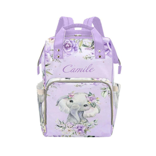 NZOOHY Purple Floral Elephant Personalized Diaper Bag Backpack Tote with Name Diaper Backpack Travel Daypack for Mom