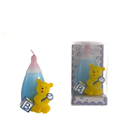 Lunaura Baby Keepsake - Set of 12 "Boy" Teddy Bear with Baby Bottle Candle - Blue