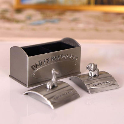 YUERBNC Vintage Silver Baby Keepsake Box With Giraffe And Elephant Figurines (photo 2)