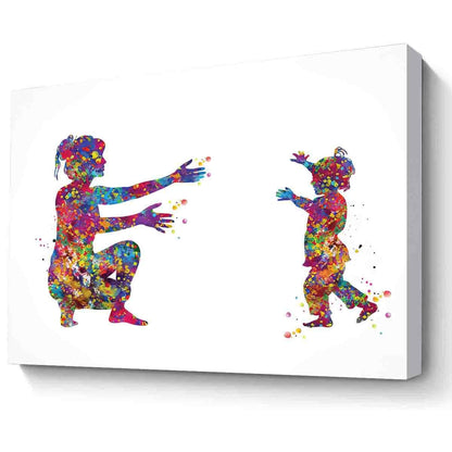 MBARE Watercolor Wall Art,Girl With Mother Watercolor Print Daughter And Parent Love Mother Children Gift Art For Kids