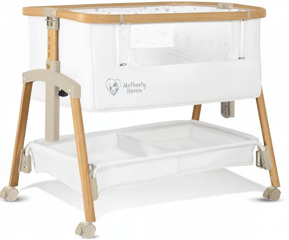 Motherly Haven Baby Bassinet Bedside Sleeper with Adjustable Height and Storage Basket