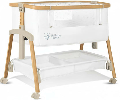Motherly Haven Baby Bassinet Bedside Sleeper with Adjustable Height and Storage Basket
