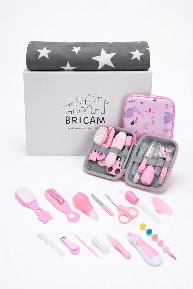 BRICAM Baby Grooming Kit with Foldable Changing Mat and Travel Case - Pink