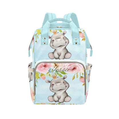 YallLocoMo Custom Diaper Bag Backpack for Girls Boys Kids Blue Floral Rose Crown Rhino Large Capacity Nappy Bag: