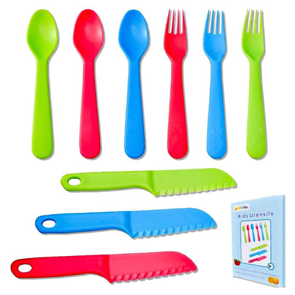 Jawbush Kids 9-Piece Plastic Cutlery Set With Forks, Spoons, And Knives