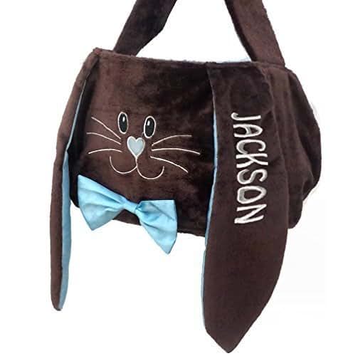Easter-By-Stocking-Factory Personalized Easter Basket (Blue Chocolate) Plush Easter Basket Tote Bunny Bucket