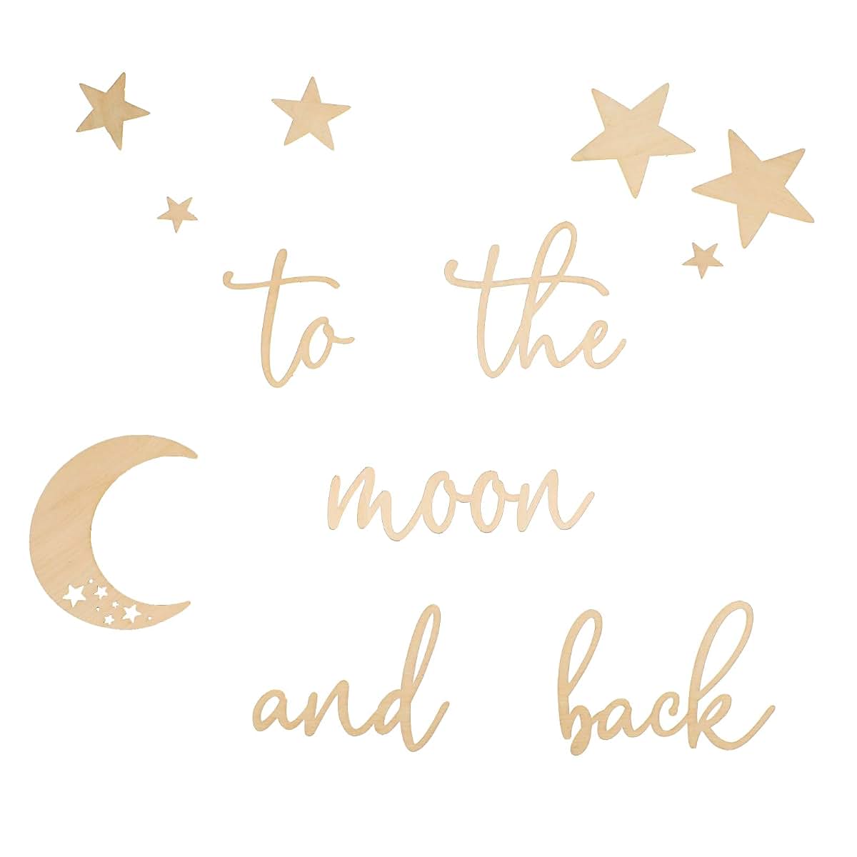 Lintran Wooden 3D Wall Quote Decor - 'To The Moon And Back' With Moon And Stars Set - Unique Wall Decoration For