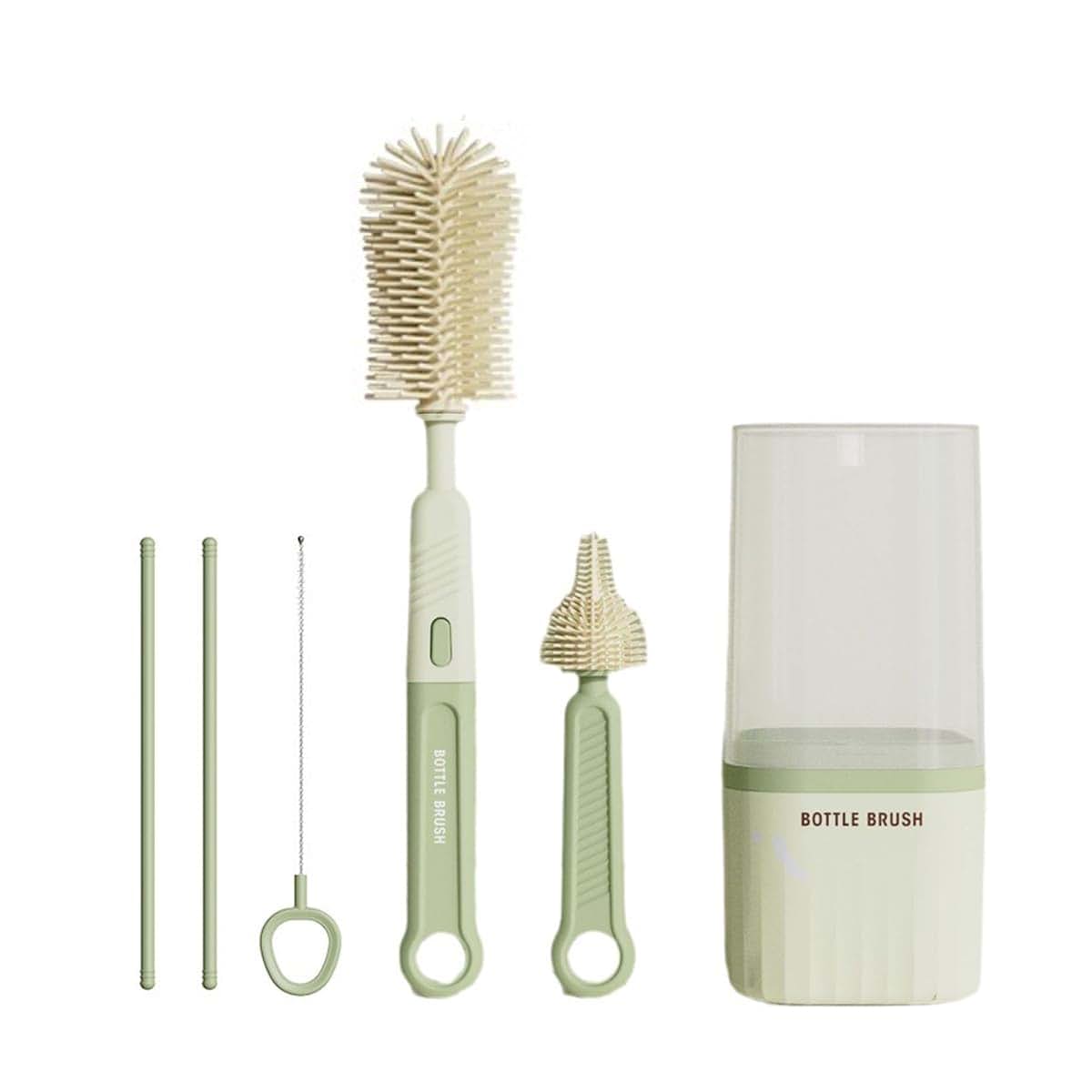 GIBENUO Silicone Bottle Brush Set with Nipple and Straw Brush, Drying Rack and Storage Box, Green