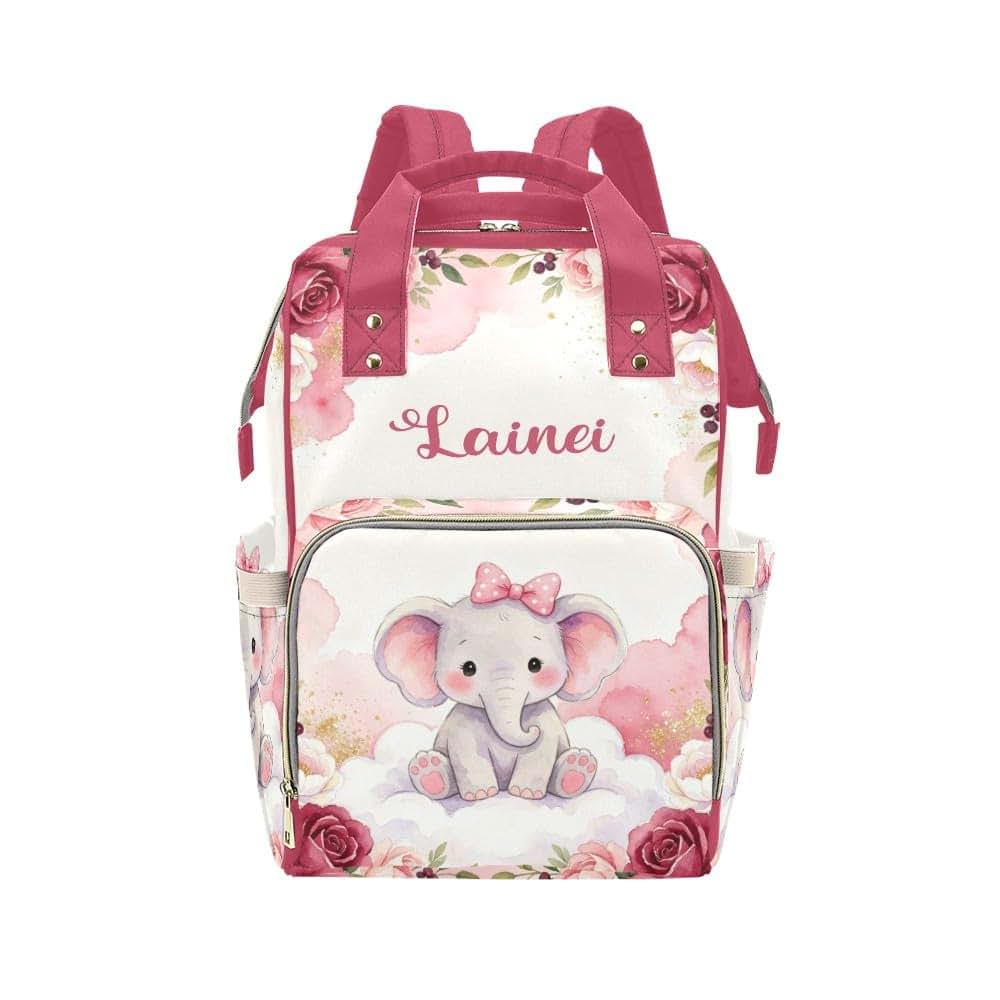 NZOOHY Pink Floral Elephant Personalized Diaper Bag Backpack Custom Name Large Capacity Diaper Backpack Travel Daypack