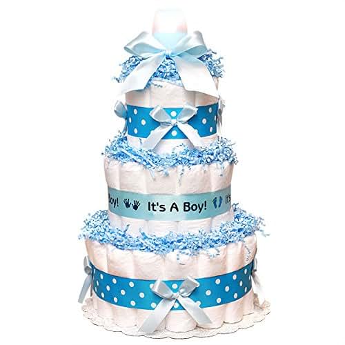 CSM Diaper Cake Classic Blue Baby Shower Diaper Cake (3 Tier), Blue Baby Boy Diaper Cake - Boy Diaper Cake, Blue Diaper