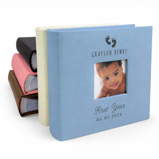 GiftsForYouNow Small Personalized Baby First Year Feet Small Leatherette Photo Album Holds 100 Photos