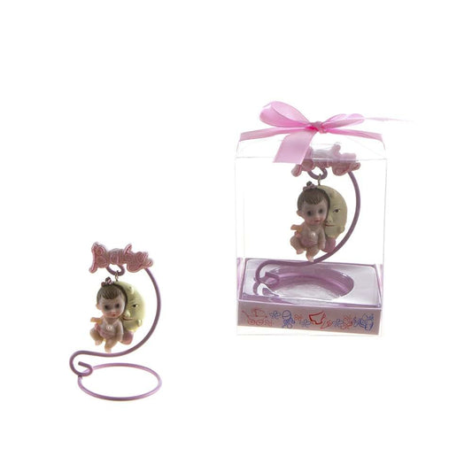 Lunaura Baby Keepsake - Set of 12 "Girl" Baby Sitting on Swing Moon Favors - Pink