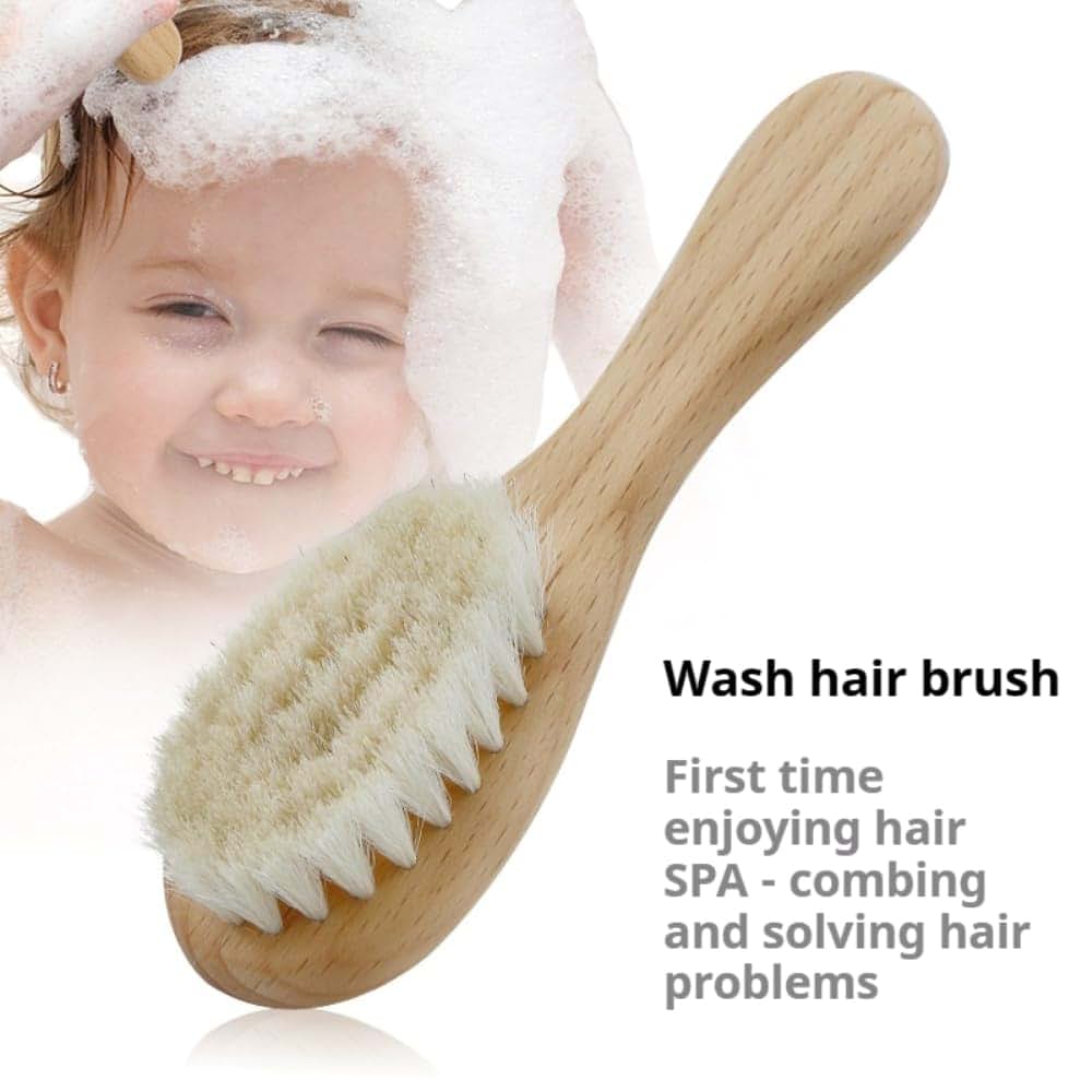 Tikmno 2-Pcs Natural Goat Hair Baby Hair Brush With Wooden Handle (photo 3)